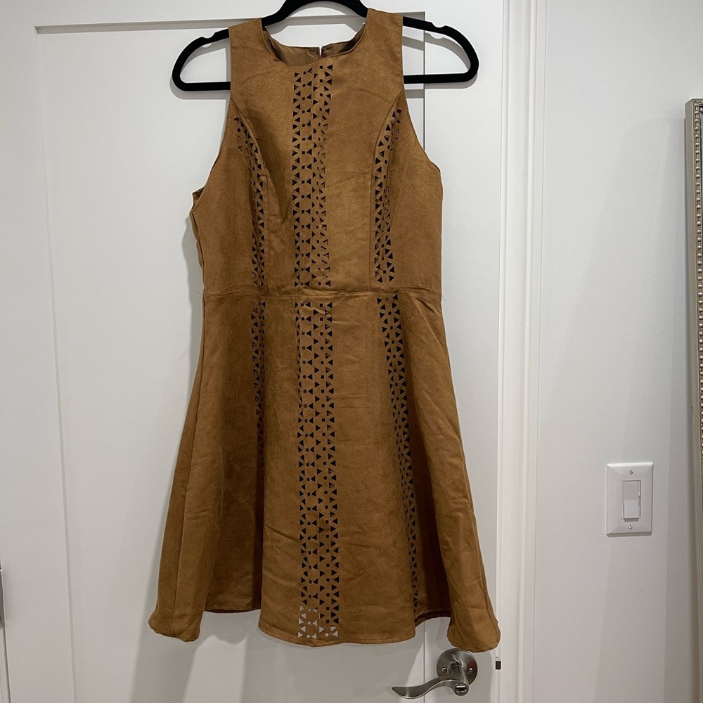Vintage Brown Sleeveless faux suede Dress with Cutout Details size M